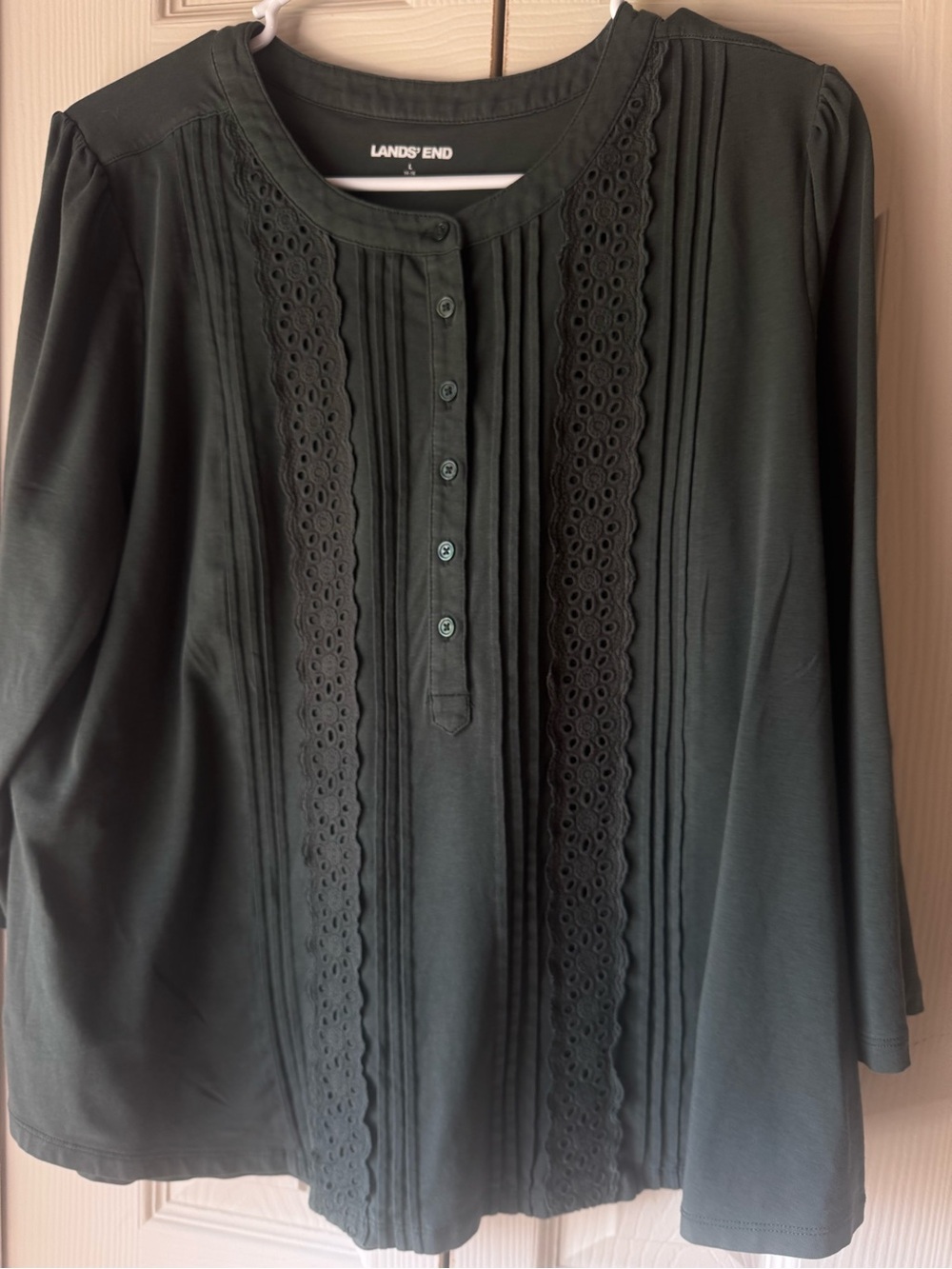 Lands' End Dark Green Eyelet Pintuck Blouse